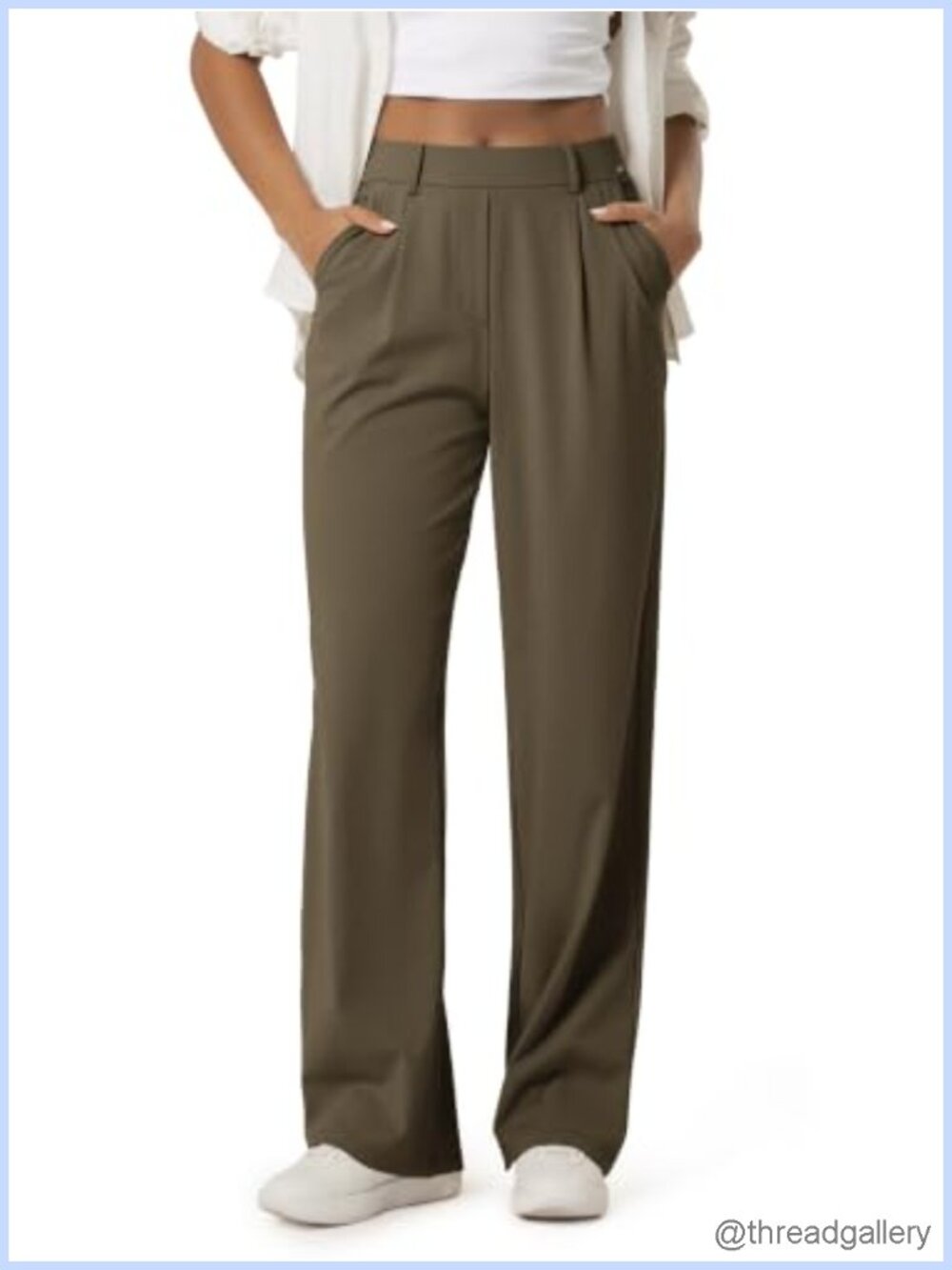 High Rise Wide Leg Trousers Pull On Stretch Work Pants with Pockets